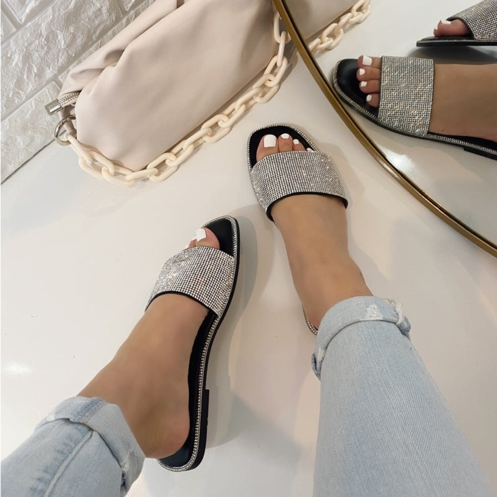 Prima Rhinestone Bling Black Flat Sandals Size 8